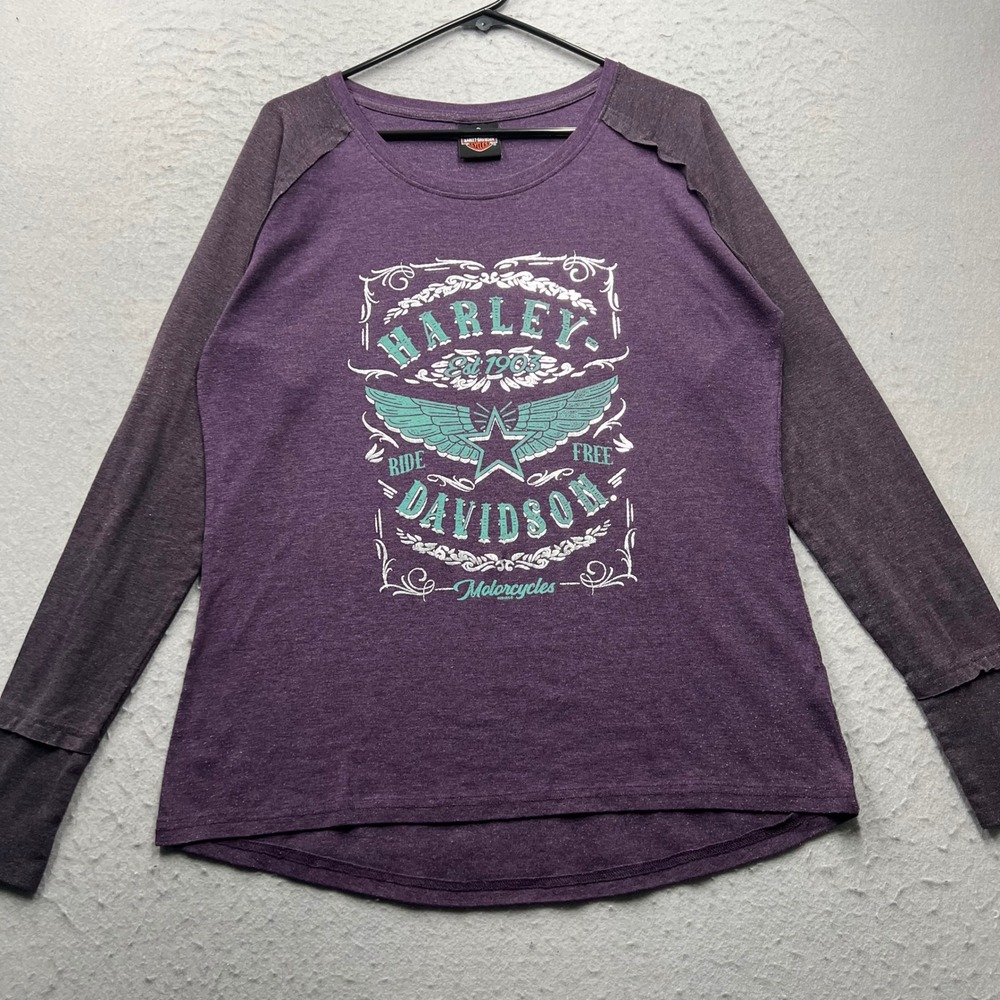 Harley Davidson Long Sleeve Shirt Womens XL Purple Raglan Rochester MN Graphic